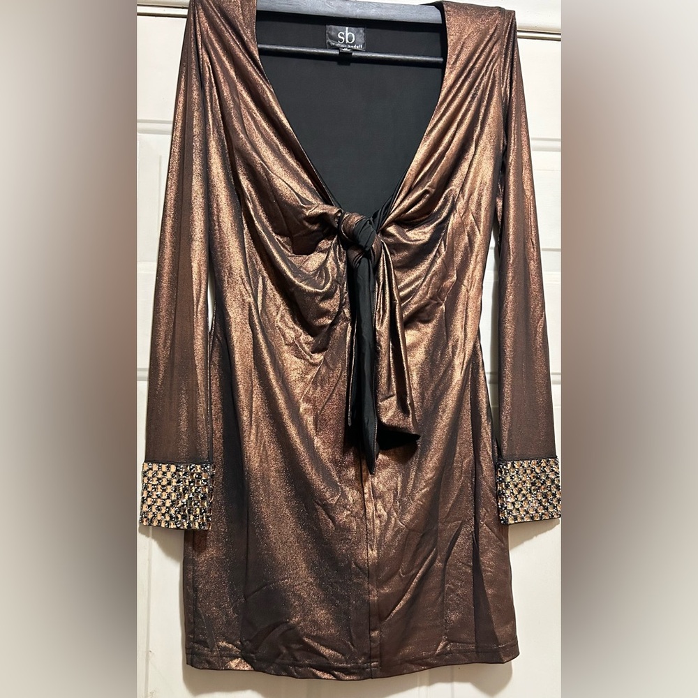 $10 Great Deal Sheri Bodell Metallic Bronze Rust Long Sleeve ornate Dress 🔥